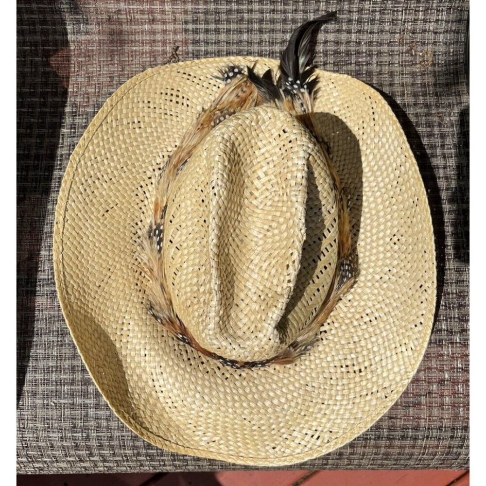 Larry Mahan Vintage Straw Hat Size 7 Western Braided Feather Cowboy Style - Picture 9 of 9